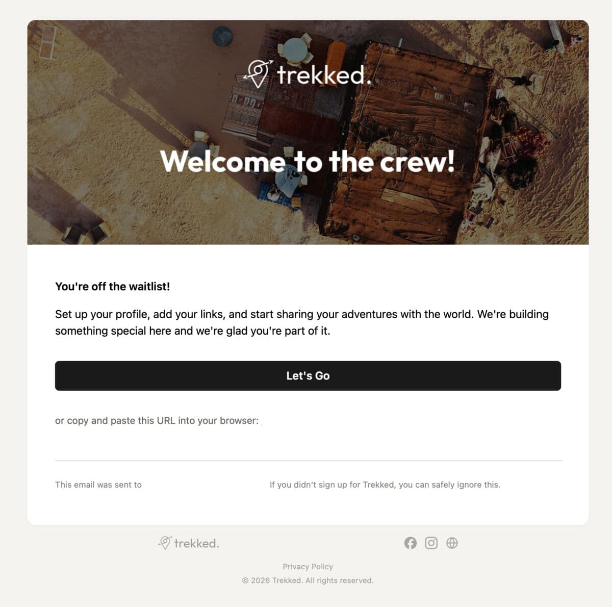 A branded Trekked welcome email