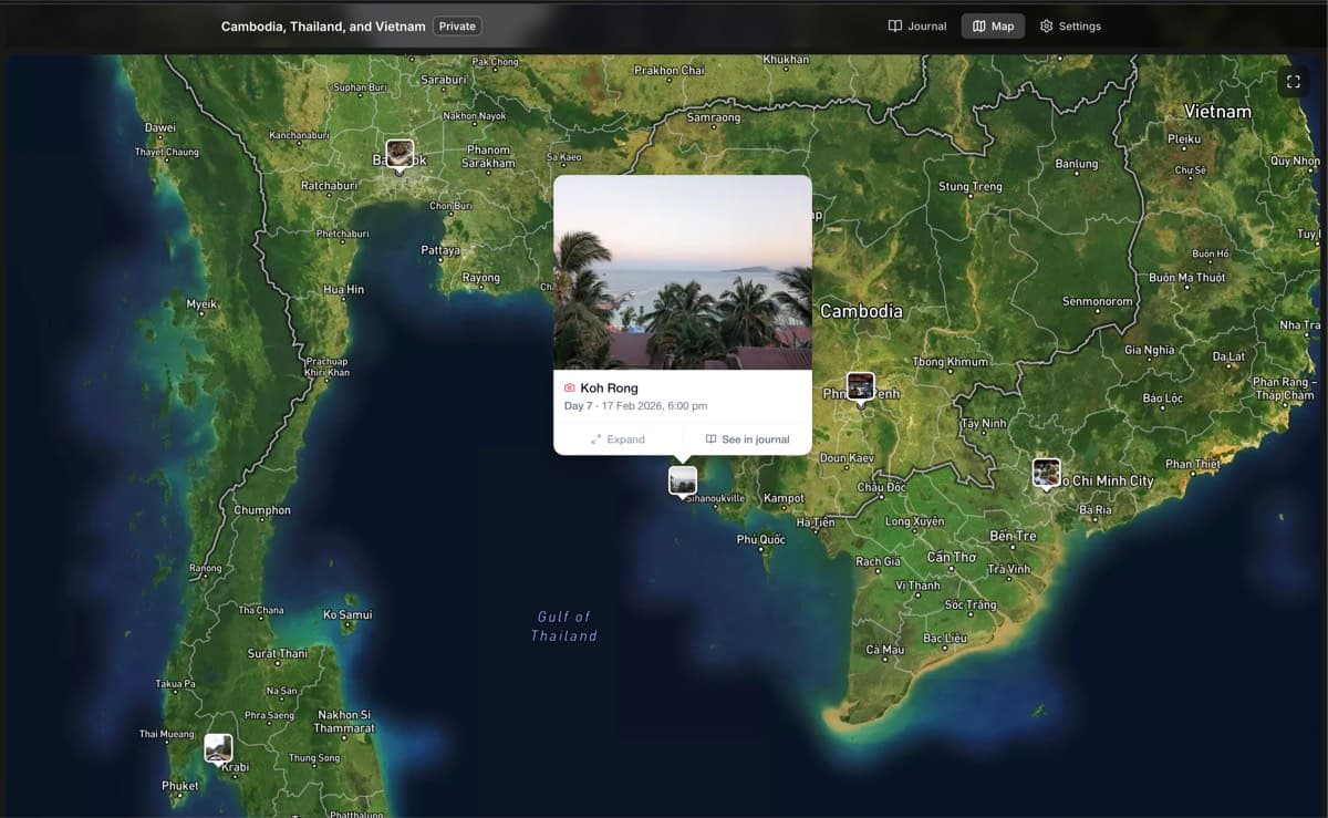 The adventure map with pins and 3D terrain